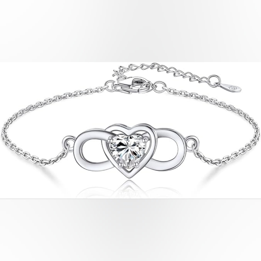New MomentWish Moissanite (Like a Diamond) Heart Infinity Silver Bracelet